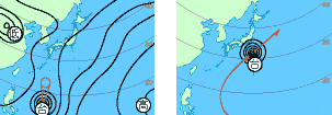 台風　北上中に西よりから徐々に東よりに進路変更する一般的な台風
